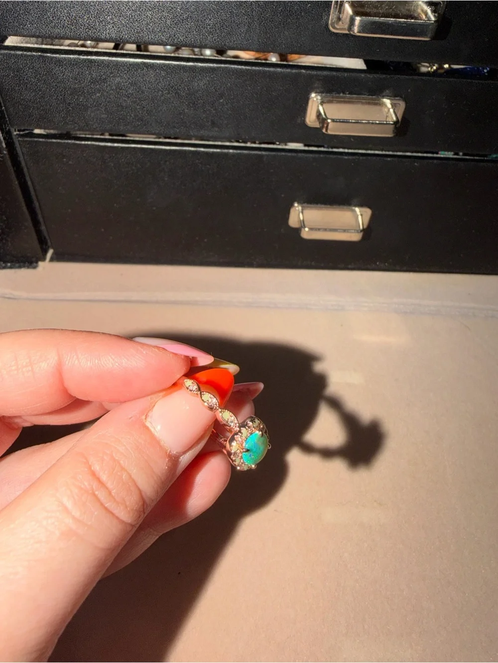 Opal Halo Ring in Blue-Green with Gold Accents